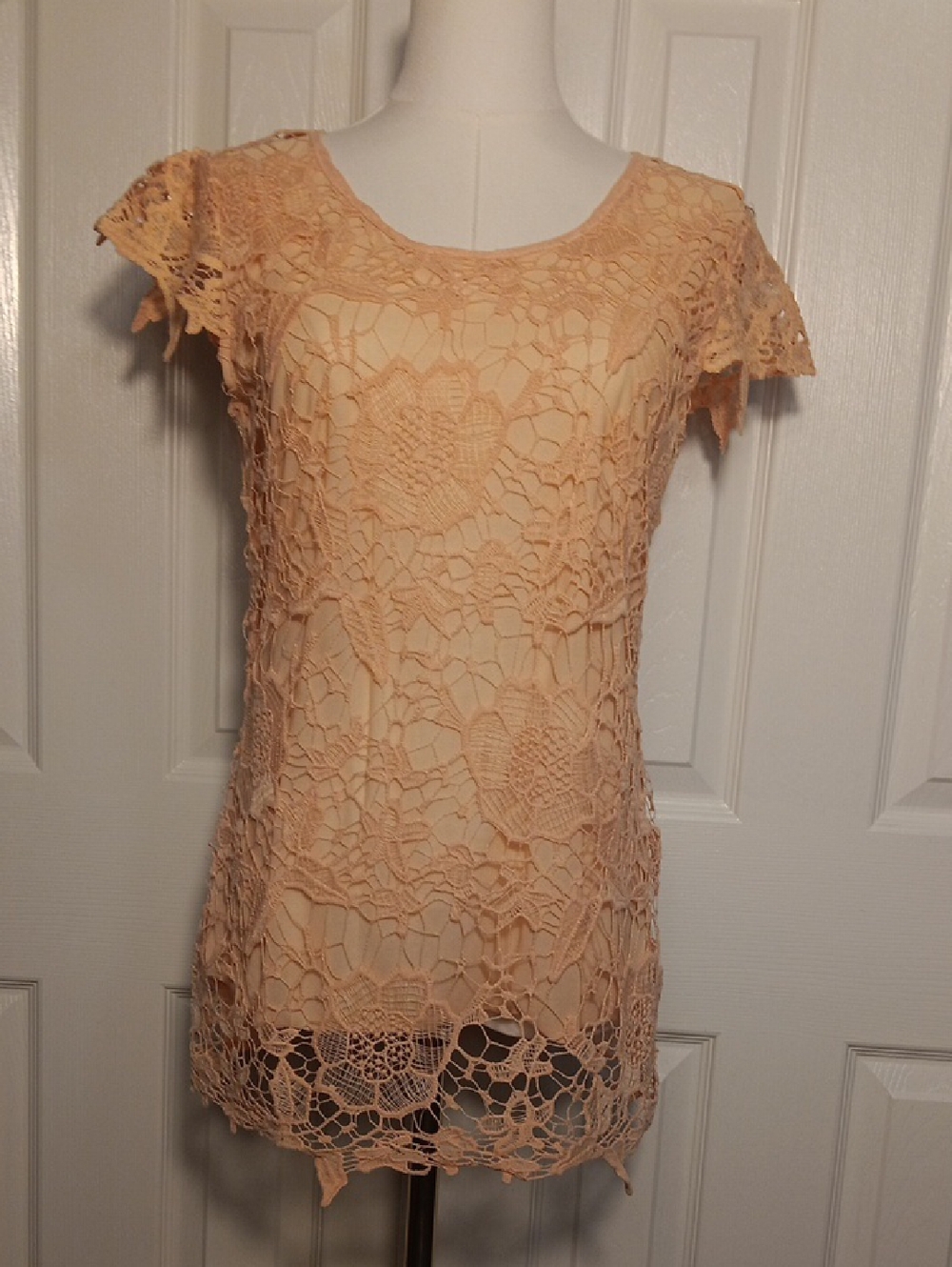 Peach Crochet Lace Overlay Top
